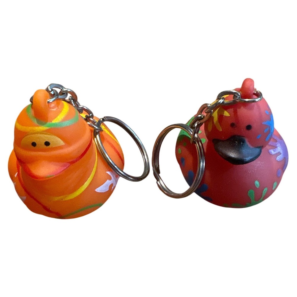 Set of 2 Novelty‎ Rubber Duck Keychains Fun Painted Design Orange Red